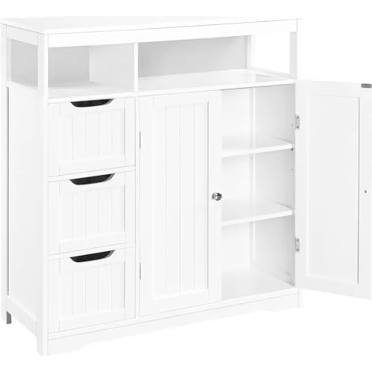 Shally Dogan Badezimmerschrank aus weißem Holz mit 3 Schubladen, 2 Türen und 2 Regalen, platzsparend, Mehrzweck-Bodenschrank, freistehender Schrank für Wohnzimmer, Küche, Büro, Schrank 80,5 x 30 x – Bild 5