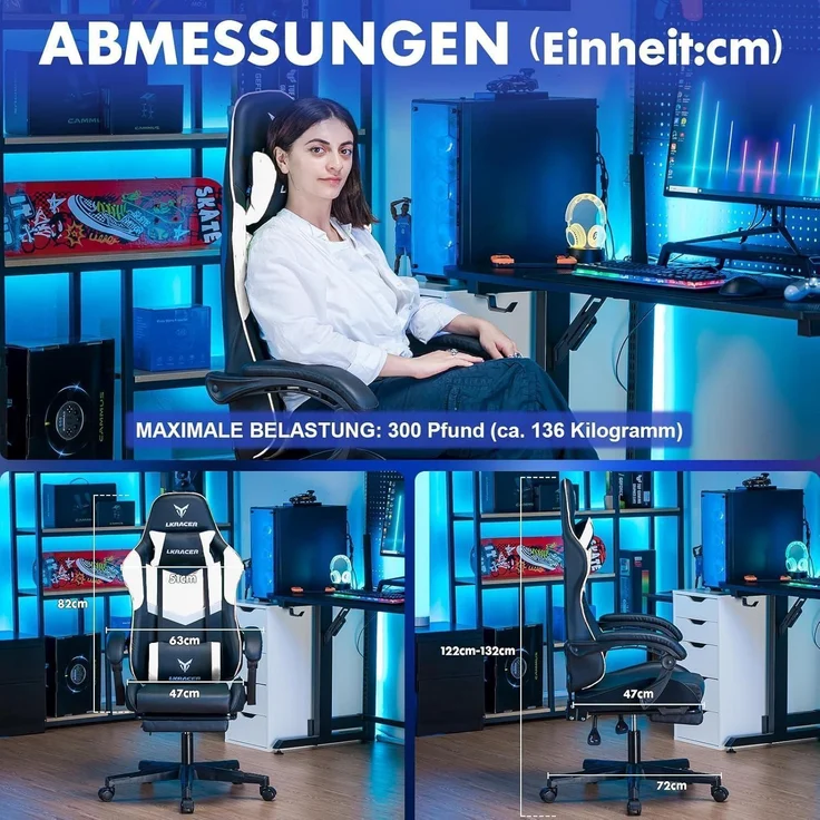 Gaming Stuhl Fußstütze Lendenkissen Kopfkissen 150kg Weiß – Bild 3