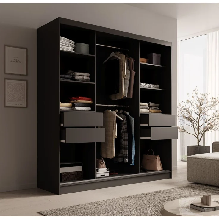 Schiebetürenschrank Schrank ALFA in Schwarz- Tür Applikation Schwarz 200x215x61 cm – Bild 3
