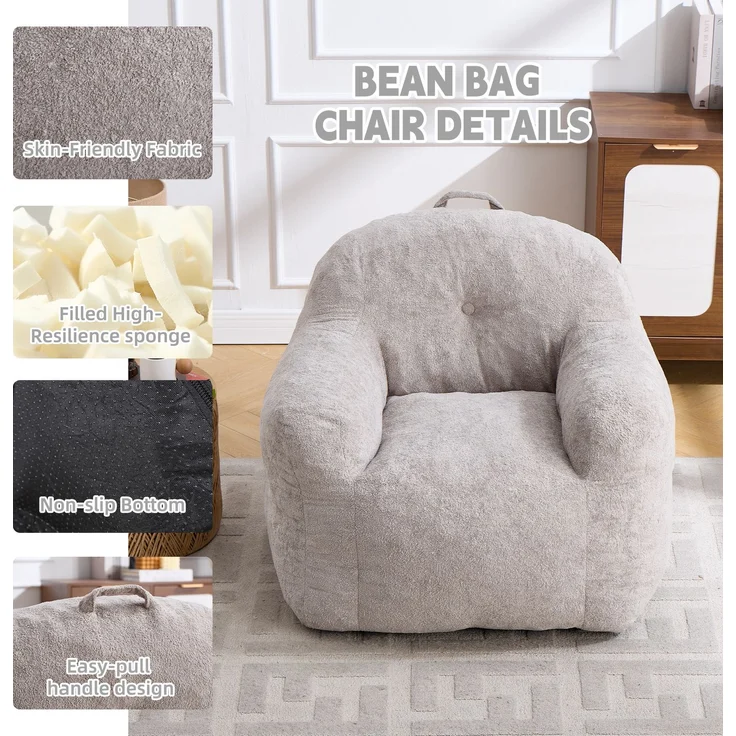 Sitzsack mit Füllung aus Schaumstoffflocken, Kunstfell-Sitzsacksofa mit Armlehnen, für Wohnzimmer, Schlafzimmer und Leseecke, keine Montage erforderlich, Hellgrau – HELLGRAU – 95 x 95 x 79 cm – YOUDENOVA – Bild 4