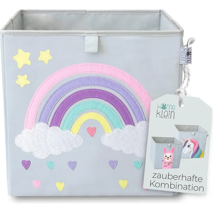 wonneklein Aufbewahrungsbox Kinder grau I extra stabile Spielzeugkiste für Kinderzimmer I graue Ordnungsbox (33 x 33 x 33 cm) mit Regenbogen