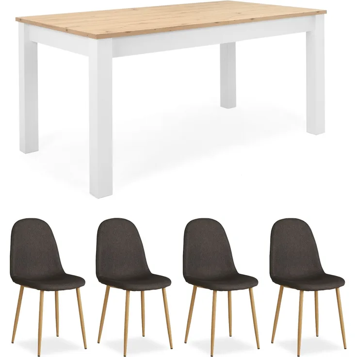 Essgruppe mit 4 Stühlen, Esstisch ausziehbar, Esszimmertisch, Holztisch, Polsterstühle, Anthrazit/Weiß,