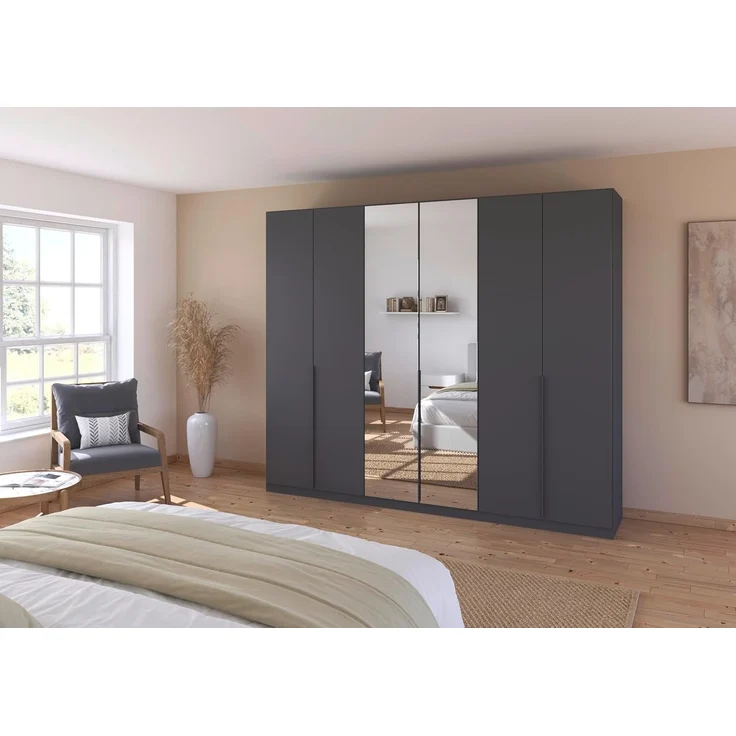 Rauch Möbel Alabama, Kleiderschrank, Garderobenschrank, 6-türig, Spiegel, Zubehör Classic, 3 Kleiderstangen, 6 Einlegeböden, Farbe Grau metallic, Schwarz, Griff Grau metallic, 271 x 210 x 54 cm – Bild 2