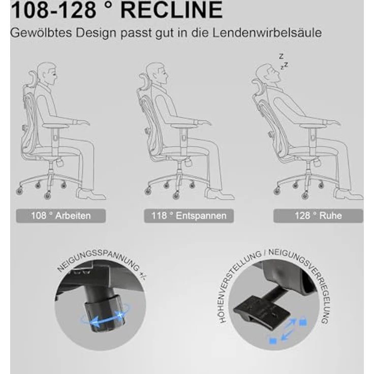 SIHOO Ergonomischer Schreibtischstuhl, Drehstuhl hat Verstellbarer Lordosenstütze, Kopfstütze und Armlehne, Höhenverstellung und Wippfunktion, Rückenschonend, Bürostuhl bis 150kg/330LB Belastbar – Bild 9