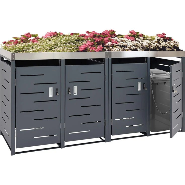 4er-Mülltonnenverkleidung HWC-H40b, Mülltonnenbox, Pflanzkasten Edelstahl-Metall-Kombi 78kg 110x230x62cm erweiterbar – Bild 1