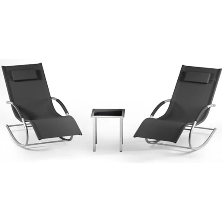 GarveeHome 3-Teiliges Outdoor-Lounge-Set Mit 2 Liegen Und 1 Couchtisch, Textilene-Schaukelstuhl Mit Gebogenem Metallrahmen, Liegestuhl Mit Kissen, Für Poolbereich, Terrasse Und Garten