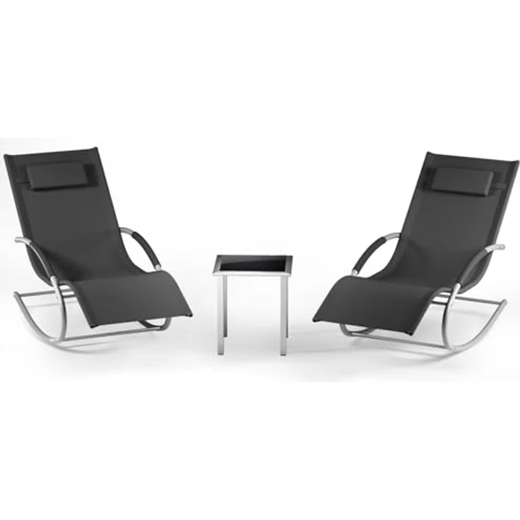 GarveeHome 3-Teiliges Outdoor-Lounge-Set Mit 2 Liegen Und 1 Couchtisch, Textilene-Schaukelstuhl Mit Gebogenem Metallrahmen, Liegestuhl Mit Kissen, Für Poolbereich, Terrasse Und Garten – Bild 1