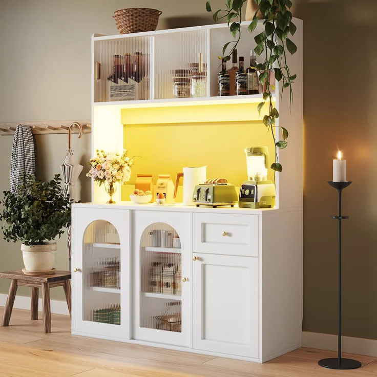 Küchenschrank, Hochschrank, Vitrinenschrank, Buffetschrank mit Verstellbaren Ablagen, Esszimmerschrank, Sideboard mit LED-Beleuchtung, Weiß--Weiß--120x35x167cm--YOUDENOVA – Bild 2