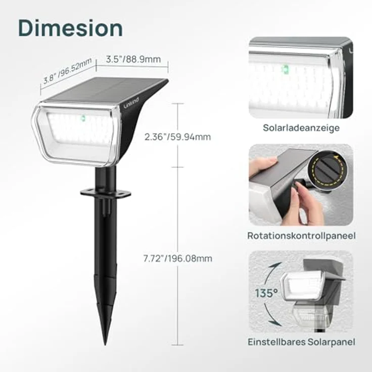 Linkind 60-Led Solar Strahler für außen Warmweiß 800Lm, Extra-lange Leuchtdauer & Intelligent Entladung, 3000K Solar Gartenleuchte mit Lade-Anzeige, IP67 LED Gartenstrahler Solarlichter, 3 Stück – Bild 10