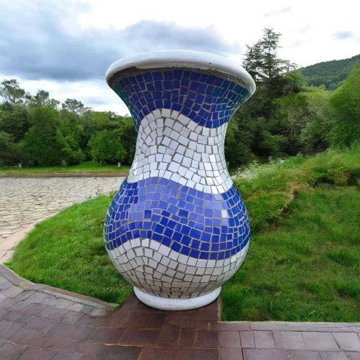 Magnolia L Vase– Wellenförmiges Mosaikdesign Blau – Höhe 75 cm – Ø 45 cm – Handgefertigt aus Beton & Keramik-Mosaik – Bild 2