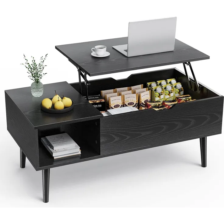 Sweetcrispy Couchtisch Höhenverstellbar, Tisch Wohnzimmertisch, offener und versteckter Stauraum Couchtisch, Sofatisch Beistelltisch, 100x50 cm Sofatisch aus Holz für Wohnzimmer, Schwarz