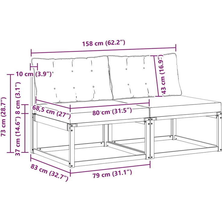 vidaXL 2 stk. Outdoor Mittelsofa Massivholz Akazie Natur 900642 – Bild 12