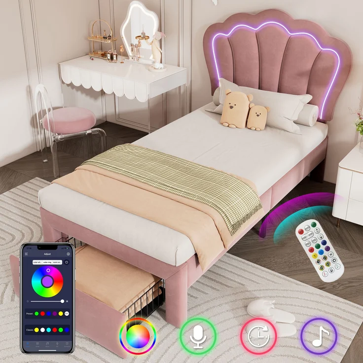 Kinderbett, Samt mit LED & Schublade, 90x190 cm, Rosa, ohne Matratze – Bild 7