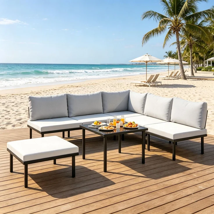 Gartenlounge-Set 6-teilig, modulare Terrassen-Sitzgruppe mit Sofa, 3 Sesseln, Fußhocker, Glastisch und Kissen, Schwarz / Hellgrau – Bild 1