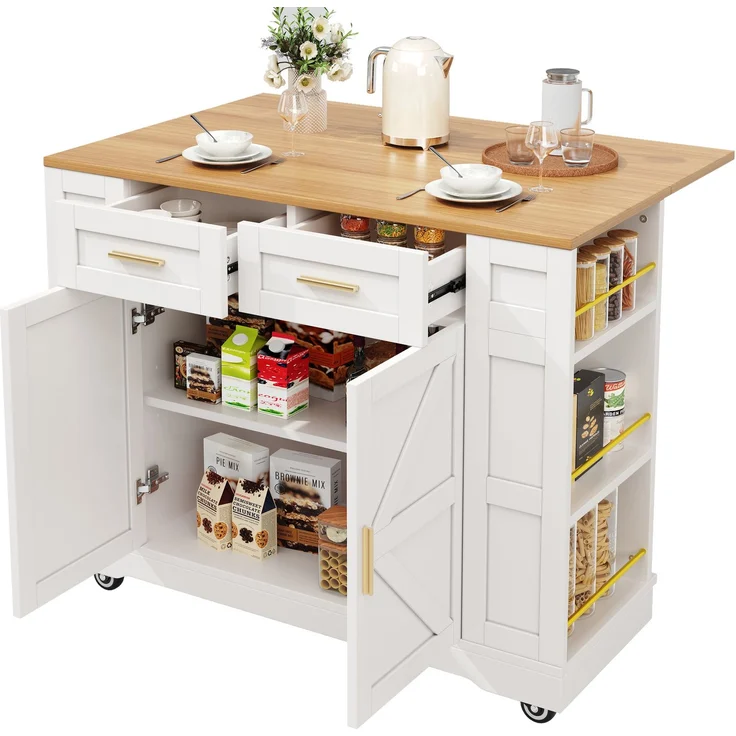 Servierwagen Kücheninsel MDF ausziehbar klappbar 120cm Skandinavisch 3D-Schranktüren Metallgriffe,Weiß – Bild 8
