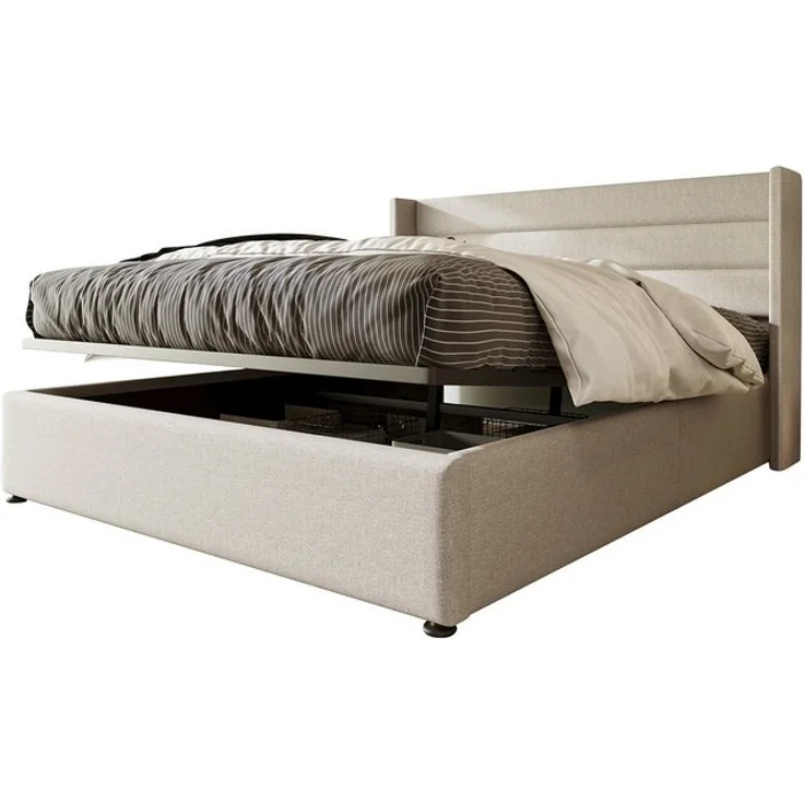 Yorbay Polsterbett Stauraumbett Polsterbett Hydraulisch Doppelbett 140x200 cm, Holzlattenrost, Bett mit Lattenrost aus Metallrahmen, Leinenbezug – Bild 4