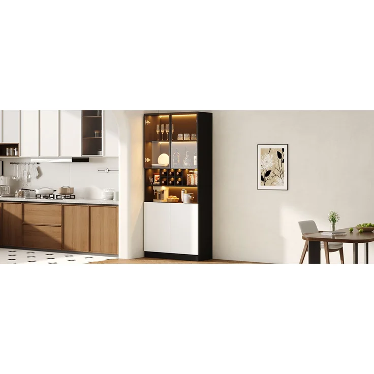 ZUBALIYA LED-Beleuchteter Glasvitrinenschrank, Küchenhochschrank 80×30×180 cm – Gehärtetes Glas, mit offenen Regalen, Platz für Flaschen und Geschirr, 2 Türen. Vielseitig geeignet für Wohnzimmer und Esszimmer – Bild 13