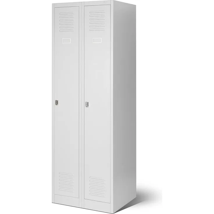 Jan Nowak Spind Schrank, Kleiderschrank, Metallschrank, Schließfachschrank | 2 Abteile mit Kleiderstange, Lüftungsschlitze, Trennwände, 4 Kleiderhaken pro Abteil | 180 x 60 x 50 cm, Grau