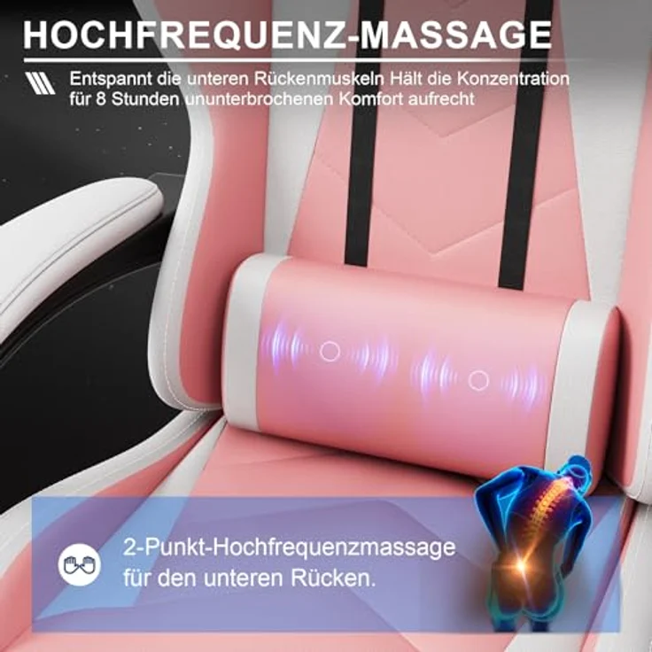 JUMMICO Gaming Stuhl, Bürostuhl Ergonomisch Mit Massagefunktion, Gamer Stuhl verstellbare Rückenlehne 90-135°,und fußstütze, Gamingstuhl 150 kg belastbarkeit, rosa – Bild 5