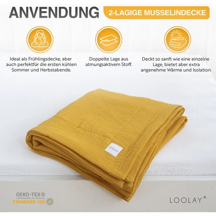 Wohndecke Musselin Tagesdecke 2-lagig dick Baumwolle Decke 120x120 150x200 cm, Loolay, Zweilagige Musselin Tagesdecke, atmungsaktiv & wärmend. – Bild 3