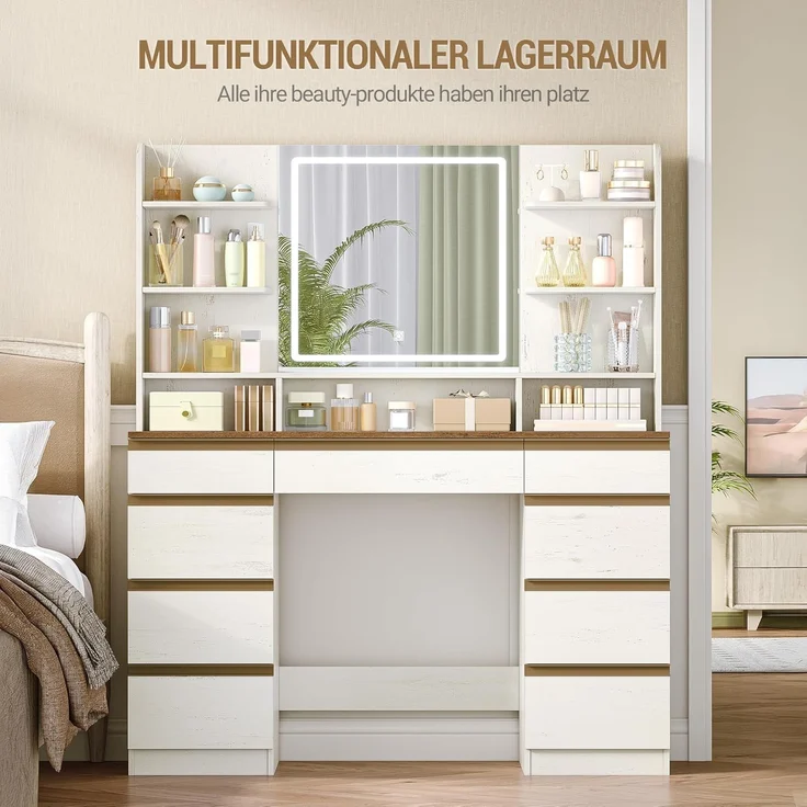 Großer Schminktisch mit LED-Beleuchtung, 3 Farben, Helligkeitsregulierung, Schminktisch mit Spiegel, 9 Schubladen, 9 offenen Ablagen, Moderner Stil, Weiß-Braun – Bild 2