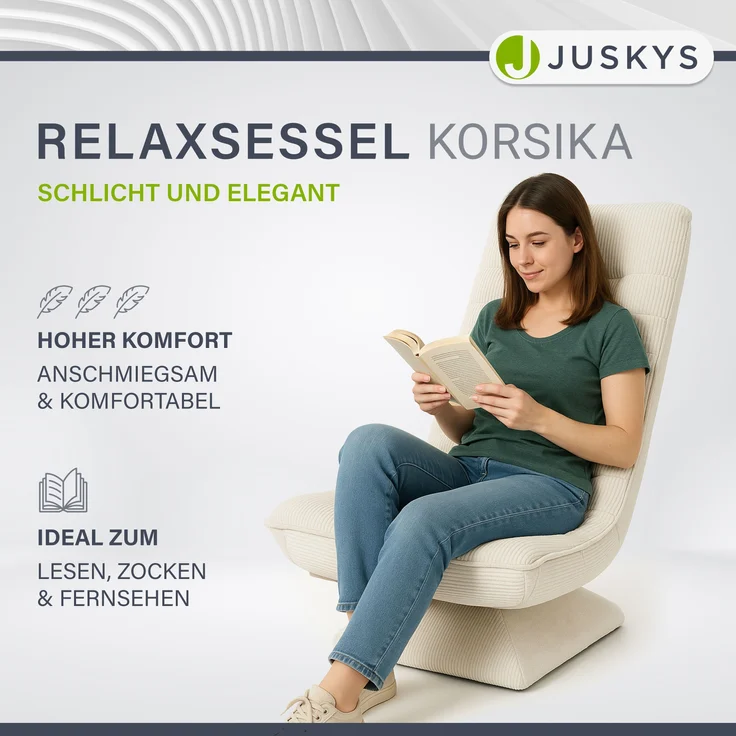 Juskys Relaxsessel Korsika - ergonomisches Design, 360° drehbar, hoher Komfort, klappbar, modernes Design, 5-lagige Polsterung, Cord-Bezug - Beige – Bild 2