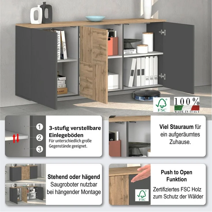 OTTO home Sideboard ISEO, Kommode, Schrank, Sideboard, Lowboard, 6 Fächer, Breite 150 cm (1 St), stehend/hängend, 3 Türen, 6 Fächer, Breite 150 cm – Bild 2