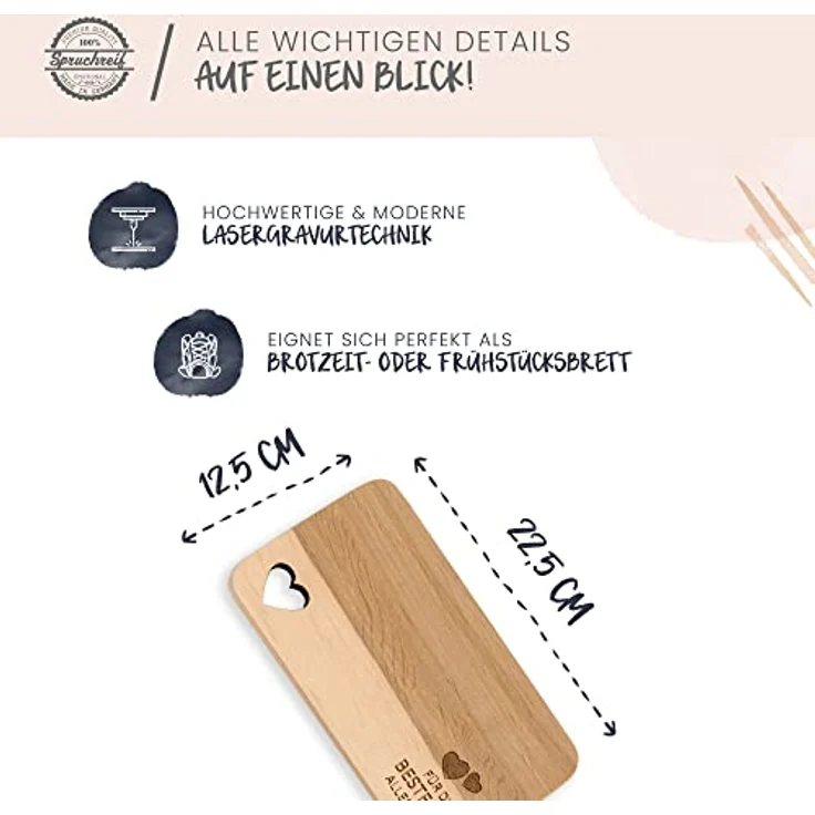 Spruchreif® Frühstücksbrett Frühstücksbrettchen aus Holz · Brotzeitbrett mit Gravur · Geschenk für Familie · Holzbrettchen mit Herzausschnitt – Bild 6