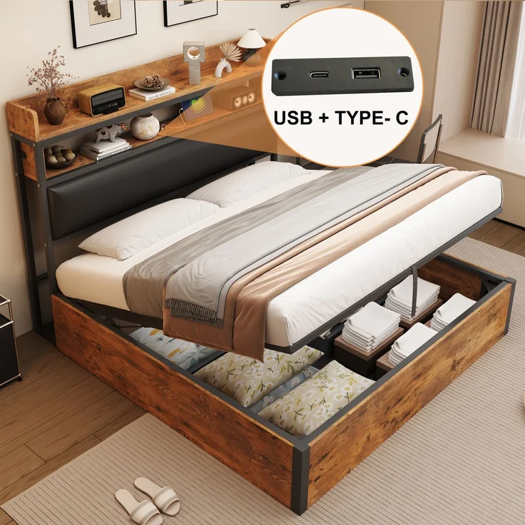 Bettrahmen 180 x 200 mit hydraulischer Hebevorrichtung, USB, gepolstertem Kopfteil, Vintage-Design aus Holz und Metall, verstecktem Stauraum Doppelbett Moderne Schlafzimmermöbel Schwarz – Bild 4