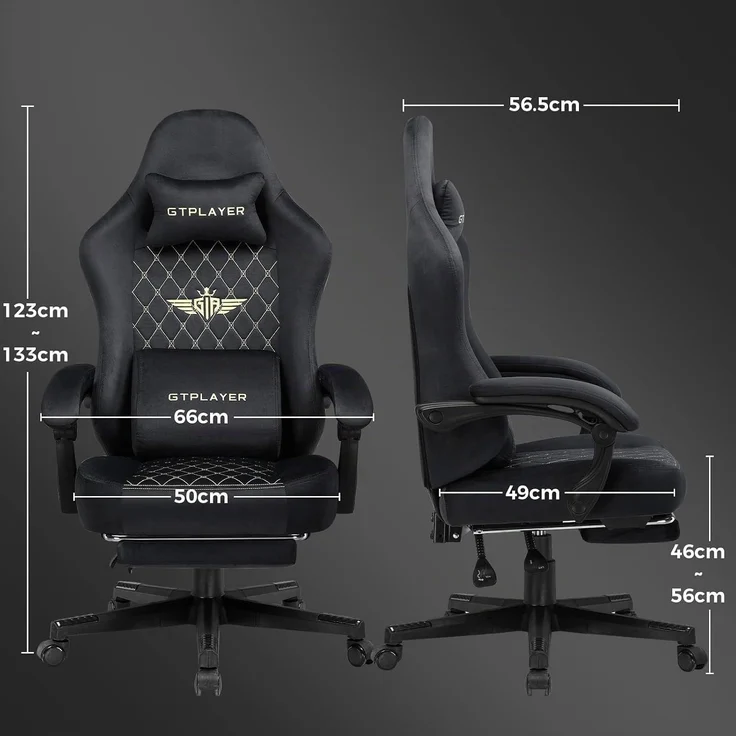 GTPLAYER Gaming Stuhl Stoff Gaming Chair Ergonomisch Bürostuh PC Stuhl, 150kg Belastbarkeit, Verstellbarer und Drehbarer Schreibtischstuh mit Federsitzkissen und Fußstütze, Schwarz – Bild 8
