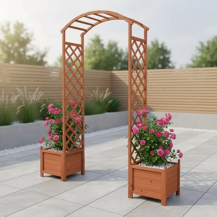 Rosenbogen Braun mit Blumenkübeln Spalier Rankhilfe Gitter Holz Pergola Gestell – Bild 1