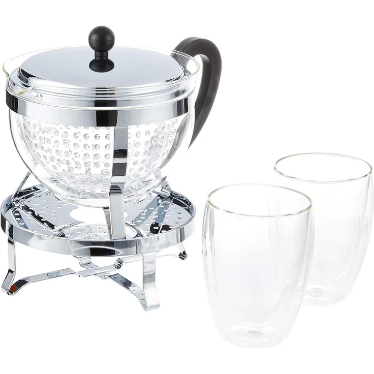 Bodum Teebereiter mit Kunststofffilter 1.3 L mit Rechaud Chambord Set verchromt + 2 doppelwandige Gläser 0.35 L