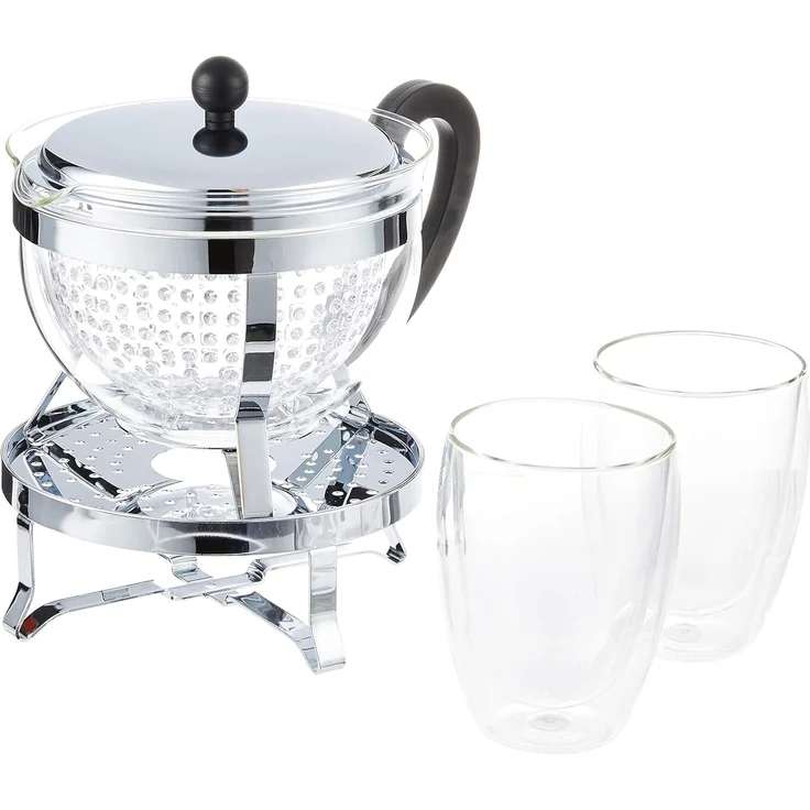 Bodum Teebereiter mit Kunststofffilter 1.3 L mit Rechaud Chambord Set verchromt + 2 doppelwandige Gläser 0.35 L – Bild 1