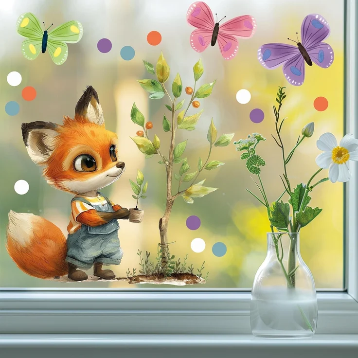 Sunnywall Fensterdekoration wiederverwendbares Fensterbild Fuchs Gärtner Baum Schmetterling, wiederverwendbar, statisch haftend, beidseitiger Druck