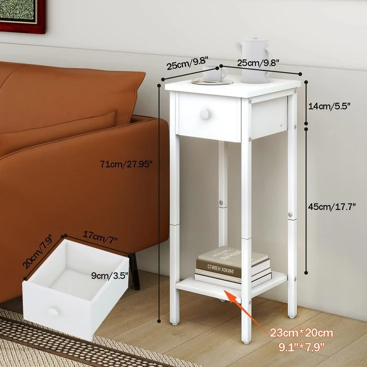 Schmaler Nachttisch mit Schublade, Beistelltisch 25x25x71 cm – Bild 3