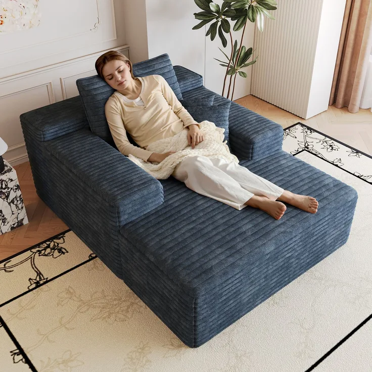 115*159cm,Bequemes Corduroy-Sofa,Mit tiefer Sitzfläche, Chaiselongue, Boneless Modular Sofa, Schwamm, Keine Montage erforderlich,Kompressions sofas for Wohnzimmer, Schlafzimmer, Wohnung, Blue--Blau--115x159x60cm--YOUDENOVA