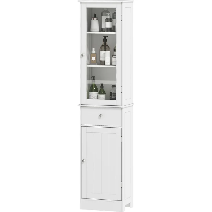Platzsparende mobile Badezimmersäule mit Schrank, Schublade und Einlegeböden aus MDF, 40 x 27 x 171,5 cm, Weiß – Bild 2