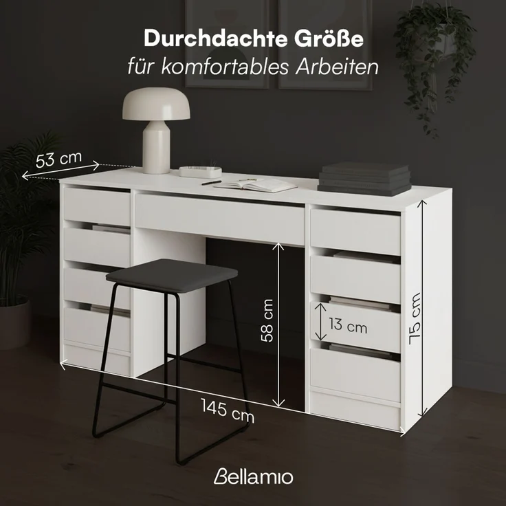 Bellamio 'Nore' Schreibtisch mit 9 Schubladen, weiß, 75x53x145 cm, Computertisch mit extra viel Stauraum – Bild 6