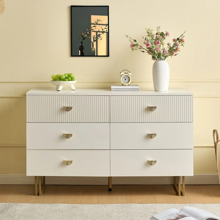 Sideboard Weiß MDF 120 x 40 x 75 cm mit 6 Schubladen, modern, Metallbeine, Aufbewahrungsschrank Wohnzimmer – Bild 3