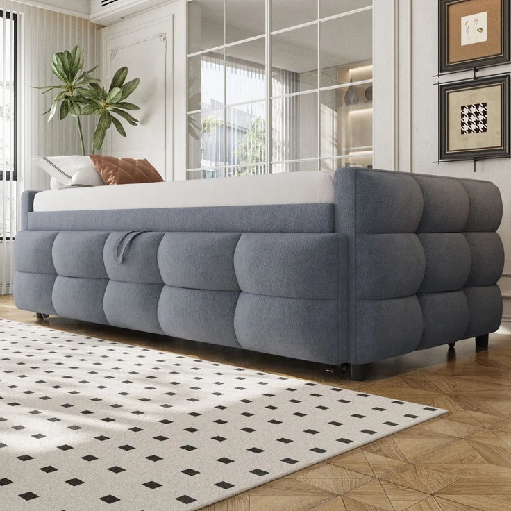 ZUBALIYA Schlafsofa 90x180 cm, ausziehbare Liegefläche, Lattenrost, Leiter, mit Teddy-Stoffbezug, Grau, ohne Matratze – Bild 24