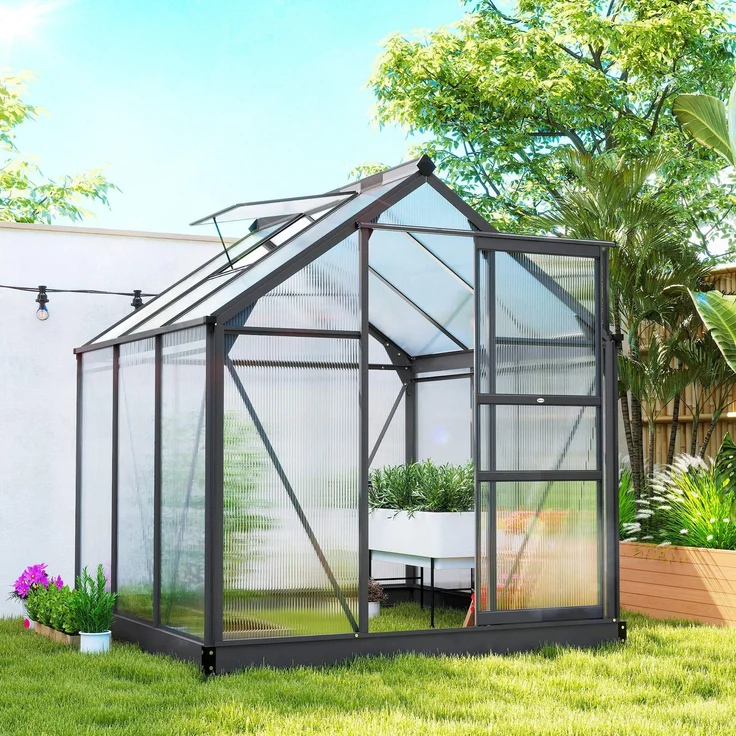 Wohnora-Gewächshaus aus Polycarbonat, 3,65 m², 190 x 192 x 201 cm, UV-beständig, mit verstärktem Fundament und Dachrinne – Grau,H 51054cm x T 1350cm x B 48768cm – Bild 2