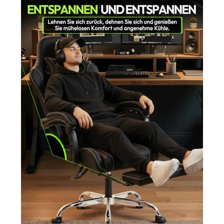Dowinx Gaming Stuhl Bürostuhl Massage Gaming Sessel mit höhenverstellbaren Linkage-Armlehnen, ergonomischer Gamer Stuhl mit Fußstütze, gepolstert Gaming Chair 150° neigbar bis 180 kg, Schwarz – Bild 8