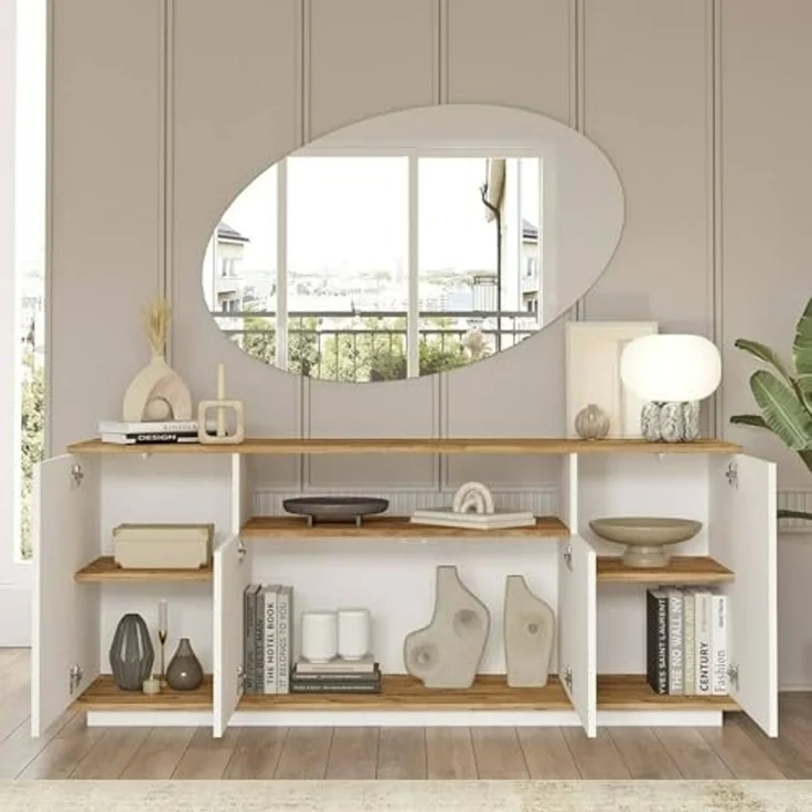 Dmora Buffet Nekkar, Buffet du Salon, Commode de Salon, Garde-Manger de Cuisine, 180 x 45 x 75 cm, chêne et Blanc – Bild 4