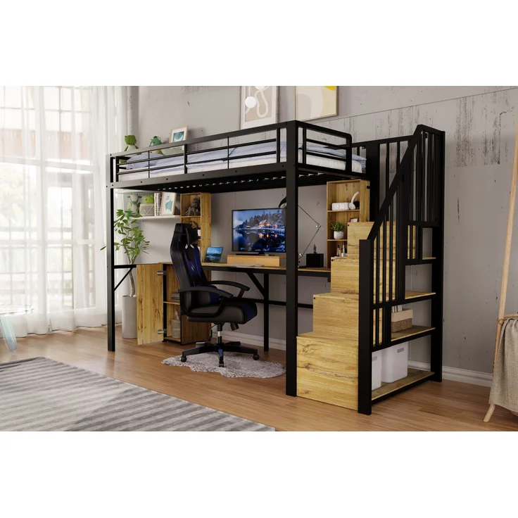 EINHOM Hochbett aus Metall, 90 x 200 cm, mit stabiler Eisenkonstruktion, praktischem Schreibtisch, Ablagefächern, Schrank, Stauraum-Treppe und USB-Ladeanschluss am Tisch – ohne Matratze, in Schwarz – Bild 5