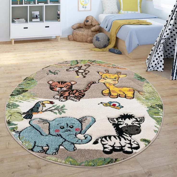 Paco Home Kinderteppich Kinderzimmer Dschungel Tiere Giraffe Löwe AFFE Zebra Beige Creme, Grösse:Ø 120 cm Rund