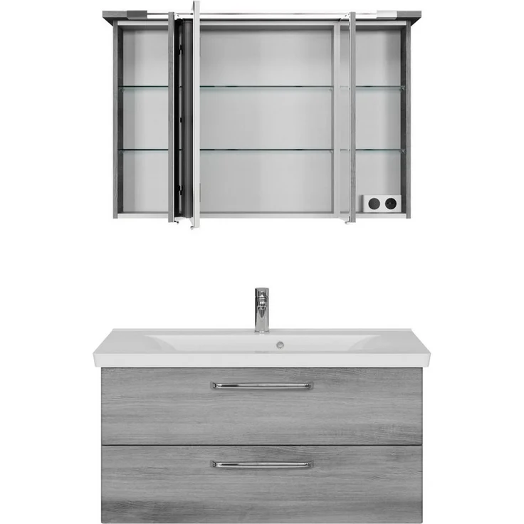 Saphir Badmöbel-Set Trentino 2-tlg Mineralmarmor-Waschtisch, Spiegelschrank mit LED-Profil, (3-St), Badmöbel-Set 110cm breit, inkl. Türdämpfer, 3 Türen, 2 Auszügen – Bild 4