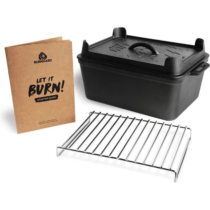 BURNHARD Gusseisen Kastenform mit Pfannendeckel 6,5 L rechteckig, Pre-Seasoned - große Auflaufform ideal zum Brotbacken, Braten, Kochen und Schmorren mit Edelstahl Rosteinsatz - Schwarz - #946115