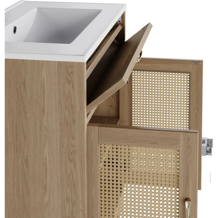 Freistehender Badwaschtisch 76 x 46 x 88 cm aus MDF mit Keramikbecken und Rattan-Geflecht – Bild 9