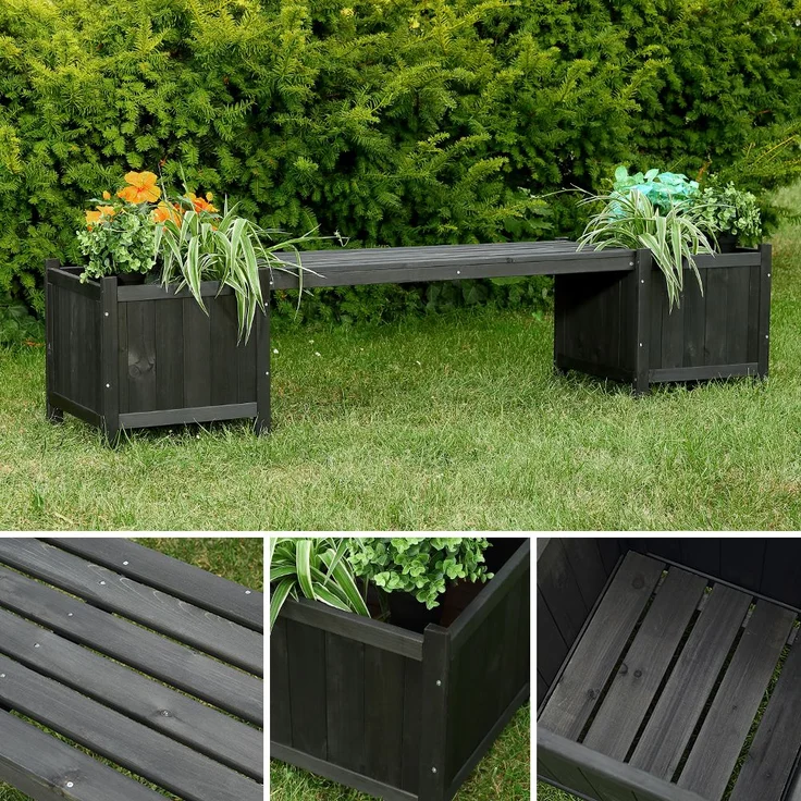 Gartenbank mit 2 Blumenkästen Garten Bank 2in1 Blumenkasten Holzbank schwarz – Bild 7