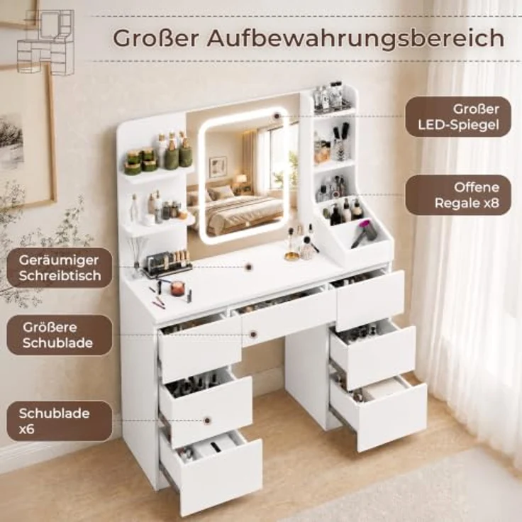 JUMMICO Schminktisch mit LED-Spiegel, 110 cm Frisiertisch mit 7 extra hohen Schubladen, 4 offenen Fächern, dimmbarer Beleuchtung, moderner Kosmetiktisch für Schlafzimmer – Bild 5